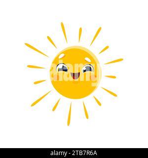 Personnage de soleil souriant de dessin animé, emoji visage soleil ou icône vectorielle d'émoticône de sourire. Joyeux soleil mignon brillant avec le sourire et le blush, bébé ou enfants personnage comique d'emoji soleil d'été avec des rayons Illustration de Vecteur