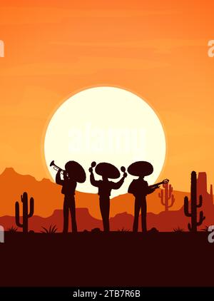 Paysage de coucher de soleil dans le désert avec des silhouettes de musiciens mariachi mexicains. Musique mexicaine et fond de vecteur de culture d'Amérique latine avec des musiciens mariachi jouant de la trompette, de la guitare et des maracas au coucher du soleil Illustration de Vecteur