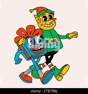 Dessin animé rétro Elf et cadeau de Noël. Groovy vintage des années 70 drôle Elf et personnages présents marchant bras dans bras. Illustration de Vecteur