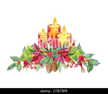 Bougies allumées de Noël et décoration avec houx et branches de pin arrangement aquarelle. Carte du nouvel an dessinée à la main. Décoration de vacances confortable. Banque D'Images