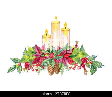 Bougies allumées de Noël et décoration avec houx et branches de pin arrangement aquarelle. Carte du nouvel an dessinée à la main. Décoration de vacances confortable. Banque D'Images