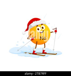 Personnage minéral de sodium de dessin animé sur le ski pour les vacances d'hiver dans le chapeau de Santa, pilule drôle de vecteur. Noël et nouvel an Happy Healthy sodium ou Natrium micronutriments personage sur le ski de sport d'hiver Illustration de Vecteur