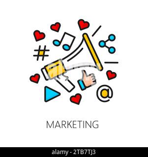Icône marketing, SEM ou moteur de recherche pictogramme marketing pour les médias numériques, pictogramme vectoriel. Marketing d'entreprise et promotion de la marque dans les médias sociaux par SEM ou SEO, mégaphone et pouce vers le haut des icônes likes Illustration de Vecteur