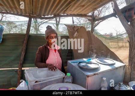 heureuse femme de village africain, vendeur de rue avec une cuisine mobile vendant des gâteaux gras Banque D'Images