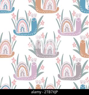 Mignon escargot dessin à la main enfants motif sans couture. Limaces drôles avec des fleurs et des herbes de fond. Imprimer caractère enfantin pour textile, papier peint Illustration de Vecteur