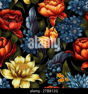 Un bouquet floral vibrant sur fond sombre, avec une grande variété de couleurs et de teintes Banque D'Images