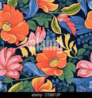 Ceci est une image bleu marine vibrante avec un motif à imprimé fleuri Banque D'Images