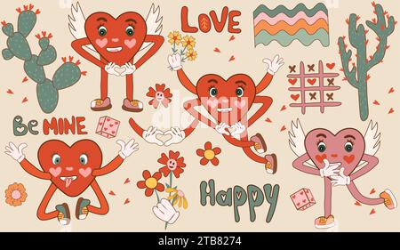 Personnage Happy Heart inspiré de la bande dessinée, conçu dans un style rétro chic des années 60-70. Comprend une variété de coeur rétro, cactus, arc-en-ciel, fleurs. Idéal comme autocollants d'amour pour les affiches et les cartes. Vecteur. Illustration de Vecteur