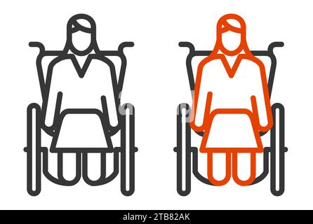 Femme en fauteuil roulant, vue de face, personne handicapée icône de ligne simple, vecteur Illustration de Vecteur