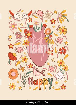 Coeur groovy, Marguerite, fleur parfait pour les affiches hippie à thème des années 60-70, autocollants de cartes de vœux, couvertures, impressions de t-shirt et invitations de fête. Vecteur. Illustration de Vecteur