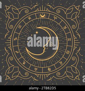Demi-lune à l'intérieur du cadre ornemental, croissant magique en style tarot, signes du zodiaque et motifs ésotériques, astrologie cadre mystique, vecteur Illustration de Vecteur
