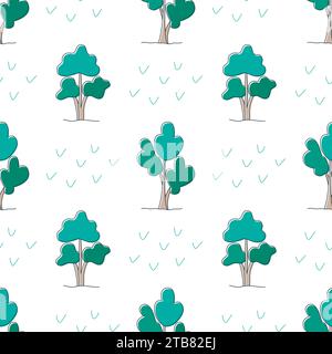 Arbres dans le modèle sans couture de style dessin animé. Fond forestier naturel dessiné à la main. Impression de texture avec des arbres pour la conception, illustration vectorielle Illustration de Vecteur