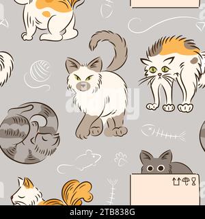 Motif sans couture de chats dans différentes poses dans le style d'esquisse. Mode de vie de chat mignon gras. Animaux de compagnie. Le chat hisse, dort, se cache assis dans une boîte marche. Pour Illustration de Vecteur