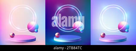 Ensemble de scène futuriste réaliste 3d avec cadre de cercle de lumière néon, boules de sphère de gradient et podium de piédestal. Intérieur de studio vide avec plate-forme ronde et arc lumineux pour la présentation du produit. Illustration de Vecteur