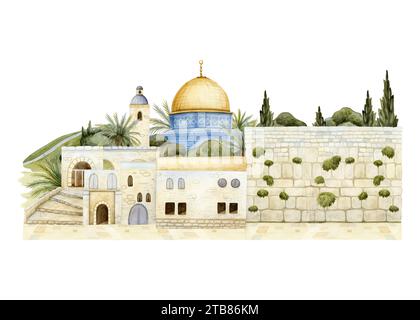 Mur occidental et Dôme du Rocher dans la vieille ville de Jérusalem illustration aquarelle. Paysage urbain de la capitale israélienne Banque D'Images
