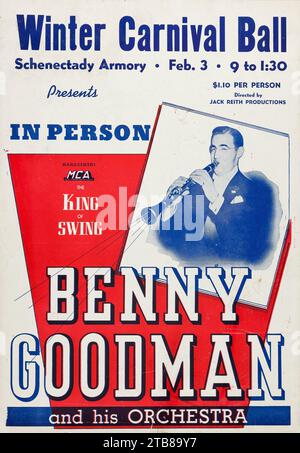 Affiche de jazz vintage - Benny Goodman et son orchestre - Schenectady Armory concert Poster (Jack Reith Productions, circa 1940) Bal du carnaval d'hiver Banque D'Images