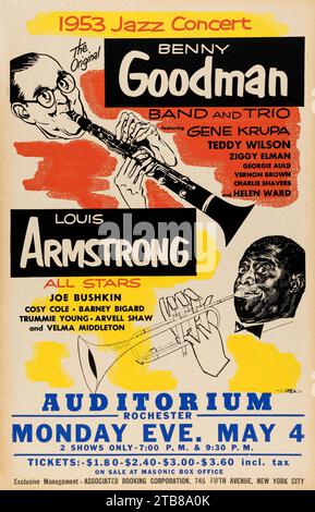 Louis Armstrong, Benny Goodman 1953 Rochester, New York - affiche de concert de jazz Banque D'Images