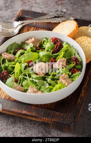 Salade de foie de morue avec roquette et tomates séchées gros plan dans un bol sur la table. Vertical Banque D'Images