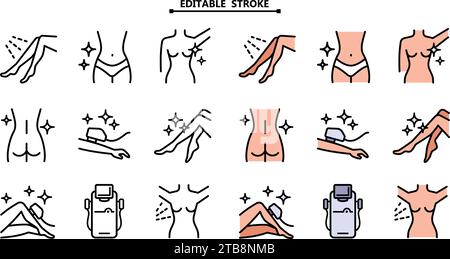 Jeu d'icônes d'épilation au laser. Contour modifiable. Icônes de ligne d'épilation laser. Signes d'épilation. Appareil d'épilation. Illustration vectorielle. Illustration de Vecteur