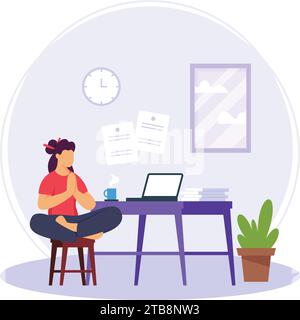 Femme faisant une pose de yoga devant le concept d'ordinateur portable, forme physique pendant le travail conception d'icône vectorielle de pause, symbole de bien-être d'entreprise, lif sédentaire Illustration de Vecteur