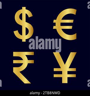 Ensemble de symboles de monnaie d'or Dollar, yen, Euro roupie isolé sur fond blanc Illustration de Vecteur