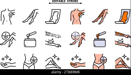 Épilation à l'aide d'un sucre ou d'une cire en bande. Contour modifiable. Icônes de soins de beauté. Jeu d'icônes d'épilation. Procédure d'épilation féminine. Epilation equ Illustration de Vecteur