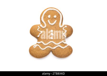 Biscuit homme en pain d'épice de Noël isolé sur fond blanc Banque D'Images