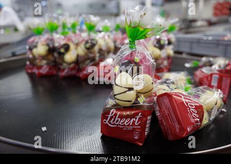 Komen, Belgique. 05 décembre 2023. Produits chocolatés photographiés à la chocolaterie Libeert à Komen (Comines), mardi 05 décembre 2023. Libeert Belgian Chocolate Creators célèbre son 100e anniversaire et inaugure une nouvelle ligne d’emballage. BELGA PHOTO KURT DESPLENTER crédit : Belga News Agency/Alamy Live News Banque D'Images