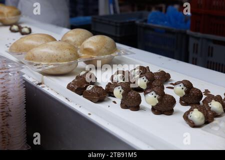 Komen, Belgique. 05 décembre 2023. Produits chocolatés photographiés à la chocolaterie Libeert à Komen (Comines), mardi 05 décembre 2023. Libeert Belgian Chocolate Creators célèbre son 100e anniversaire et inaugure une nouvelle ligne d’emballage. BELGA PHOTO KURT DESPLENTER crédit : Belga News Agency/Alamy Live News Banque D'Images