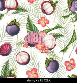 Mangoustan aquarelle Seamless Pattern. Fond dessiné à la main avec des fruits tropicaux exotiques avec des fleurs et des feuilles de palmier pour le papier d'emballage ou la conception textile. dessin de la nourriture thaïlandaise pour l'étiquette du produit. Banque D'Images