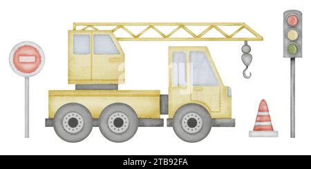 Illustration de l'aquarelle de grue de camion. Ensemble de jouet de voiture de bébé. Clip art dessiné à la main du signe de route et feu de circulation sur fond isolé. Dessin d'autocrane et de panneau de signalisation pour les autocollants et les impressions. Banque D'Images