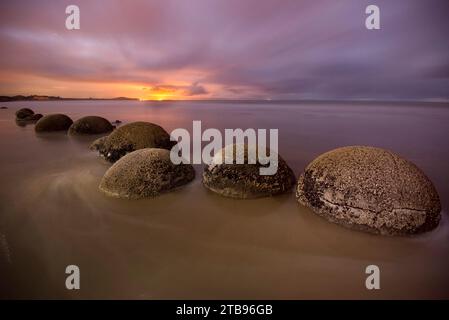 Illuminé Moeraki Boulders le long de Koekohe Beach sur l'île du Sud de la Nouvelle-Zélande au crépuscule ; Hampden, North Otago, Nouvelle-Zélande Banque D'Images