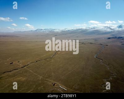 Vue aérienne des yourtes kirghizes sur la rive du lac Song-Kul Banque D'Images