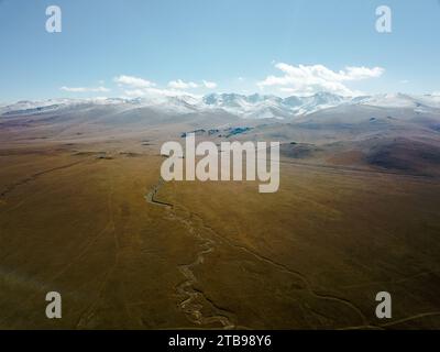 Vue aérienne des yourtes kirghizes sur la rive du lac Song-Kul Banque D'Images