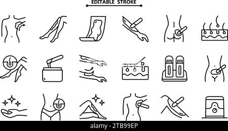 Épilation à l'aide d'un sucre ou d'une cire en bande. Contour modifiable. Icônes de contour de soin de beauté. Jeu d'icônes d'épilation. Procédure d'épilation féminine. Depila Illustration de Vecteur