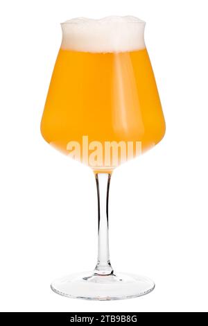 Verre Tiku à pied en forme de tulipe conçu pour une bière artisanale remplie de smoothie bière aigre brumeuse isolée sur fond blanc Banque D'Images