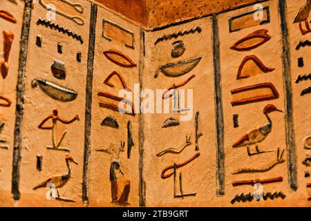 Gros plan des hiéroglyphes bas-relief peints sur les murs du tombeau royal de Ramsès IV, Vallée des Rois, Thèbes, site du patrimoine mondial de l'UNESCO Banque D'Images