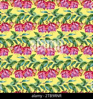 Motif floral sans couture dans un style moderne. Peinture à l'aquarelle de fleurs de fuchsia. Banque D'Images