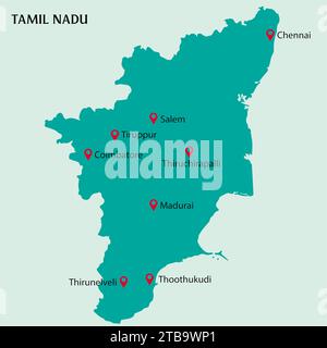 Tamilnadu principales villes épinglées sur la carte du Tamilnadu Illustration de Vecteur