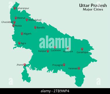 Grandes villes de l'État indien Uttar Pradesh épinglées dans l'illustration vectorielle de la carte de l'Uttar Pradesh Illustration de Vecteur