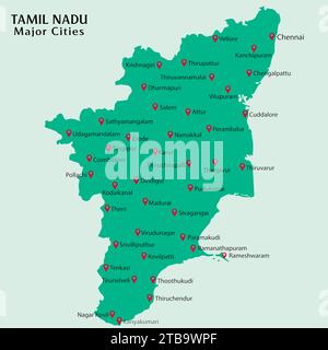 Grandes villes de l'État indien Tamil Nadu épinglé dans l'illustration vectorielle de carte Tamil Nadu Illustration de Vecteur