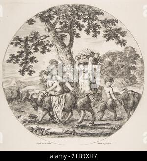 Famille Satyr marchant vers la gauche avec deux chèvres et un panier de raisins 1986 par Stefano della Bella Banque D'Images