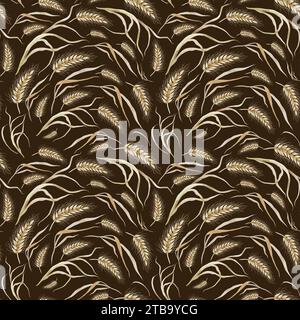 Modèle de blé sans couture. Les épis de céréales sont dessinés à la main sur un fond noir. Texture d'ornement aquarelle des tiges de plantes d'avoine et de seigle. Banque D'Images