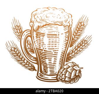 Verre à bière avec mousse débordante, houblon et blé. Pub, esquisse illustration vectorielle vintage Illustration de Vecteur