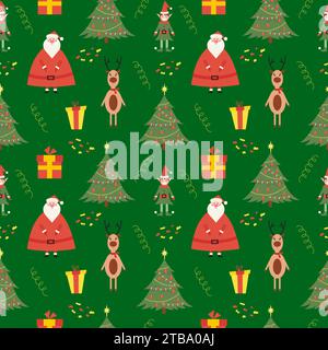 Motif coloré sans couture de Noël avec clause mignonne de santa, petit elfe, arbre et cerf, avec couleur de fond variable. Illustration vectorielle à plat pour Illustration de Vecteur