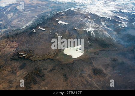 Vue de l'espace sur le lac Tana et les hauts plateaux éthiopiens. Banque D'Images