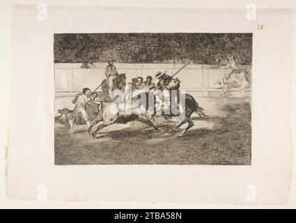 Planche 28 de 'la Tauromaquia' : le puissant Rendon poignarde un taureau avec la pique, de laquelle il mourut dans le ring à Madrid 1921 par Goya (Francisco de Goya y Lucientes) Banque D'Images