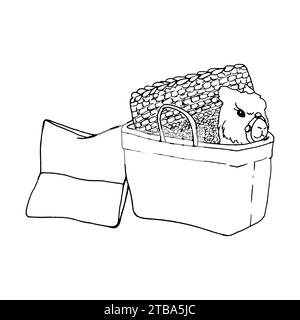 Illustration vectorielle d'esquisse d'un panier en osier et d'un lama jouet. Un simple dessin à la main. Silhouette linéaire contour noir. Contour graphique vectoriel Illustration de Vecteur