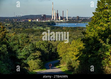 Vue, depuis le tas de Rheinpreußen à Moers, à travers le Rhin jusqu'à l'aciérie ThyssenKrupp à Duisburg-Beeckerwerth, hauts fourneaux, cokéfaction Banque D'Images