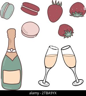 Bouteille de champagne, deux verres avec bulles, fraises et macarons. Dessert français. Illustration vectorielle dans le style de bande dessinée. Illustration de Vecteur